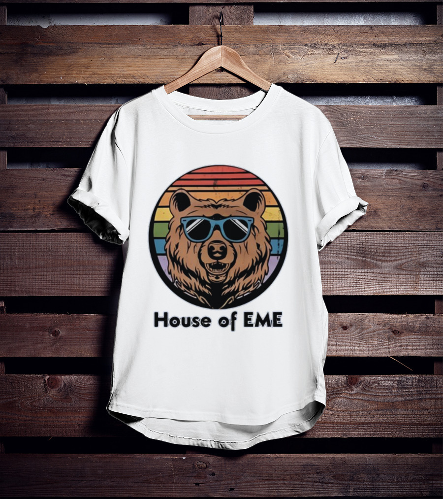 Migs Santillan House Of EME Bear Logo Sunglasses Rainbow Background T-Shirt