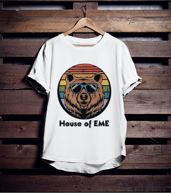 Migs Santillan House Of EME Bear Logo Sunglasses Rainbow Background T-Shirt