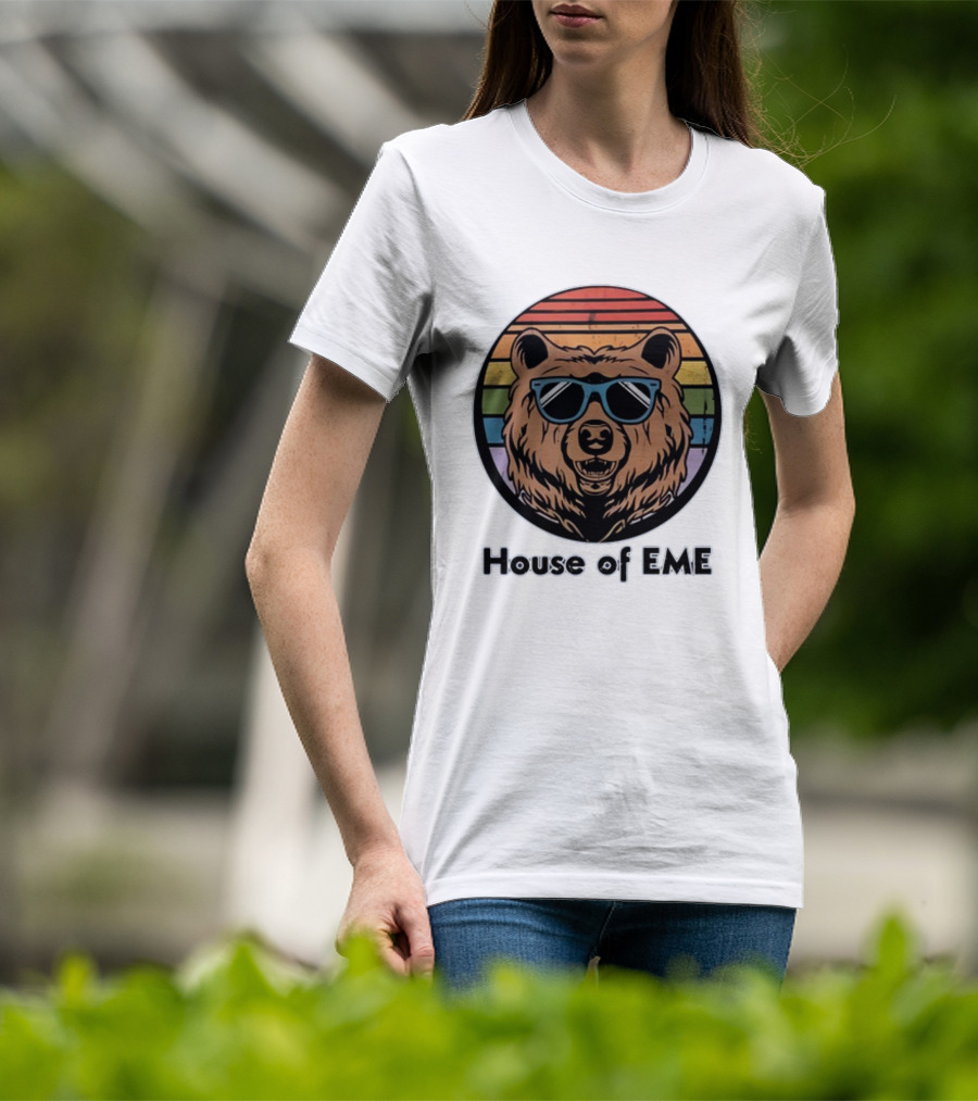 Migs Santillan House Of EME Bear Logo Sunglasses Rainbow Background T-Shirt