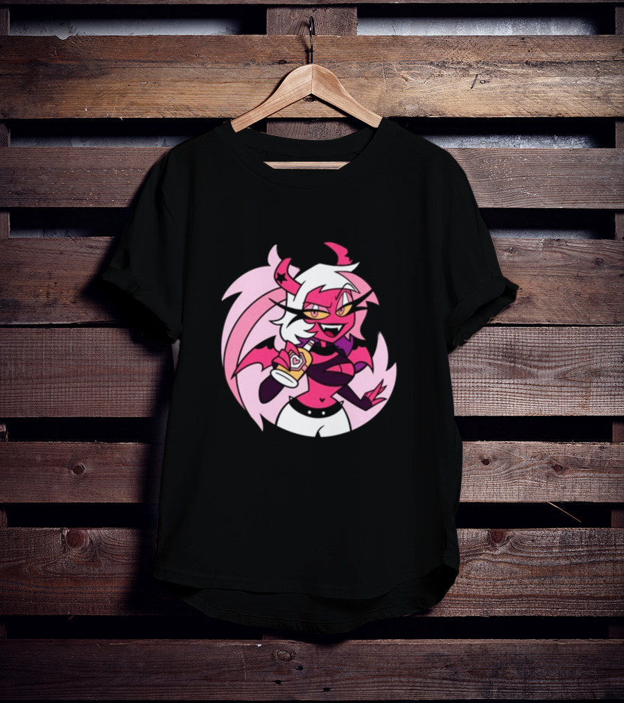 Party Verosika Enamel Pin Cartoon Demon Character With Drink T-Shirt