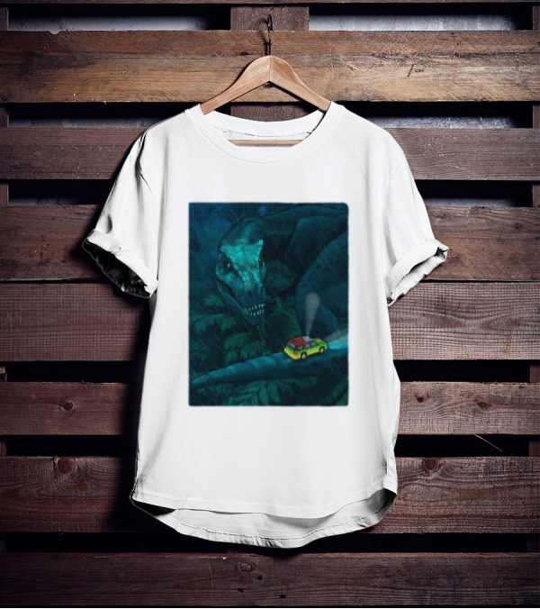 Jurassic Park T-Rex And SUV Night Scene Rainy Adventure T-Shirt