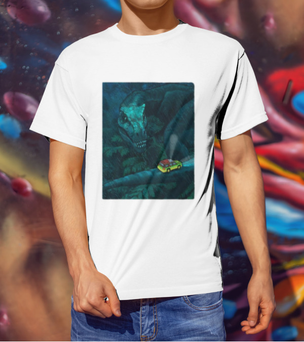 Jurassic Park T-Rex And SUV Night Scene Rainy Adventure T-Shirt