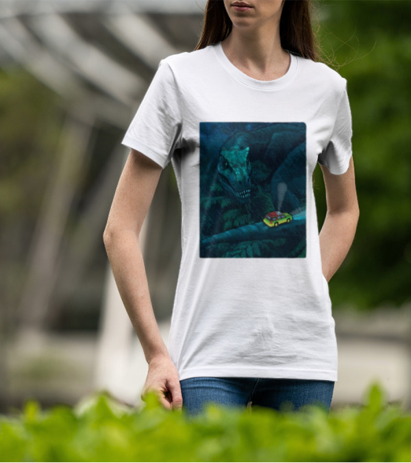 Jurassic Park T-Rex And SUV Night Scene Rainy Adventure T-Shirt