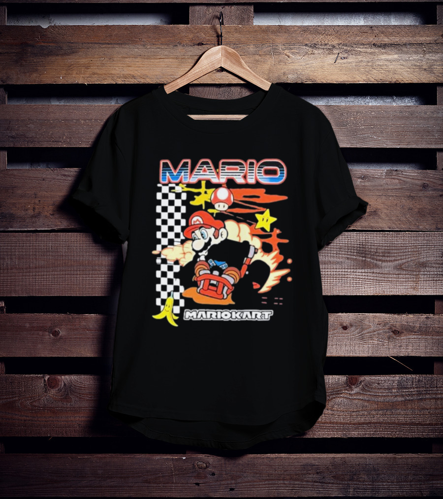 Mario Kart Racing Finish Line Checkered Flag Banana Stars T-Shirt