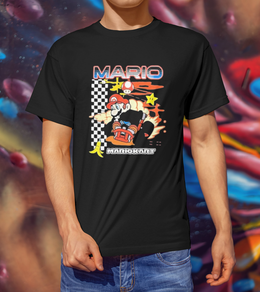 Mario Kart Racing Finish Line Checkered Flag Banana Stars T-Shirt
