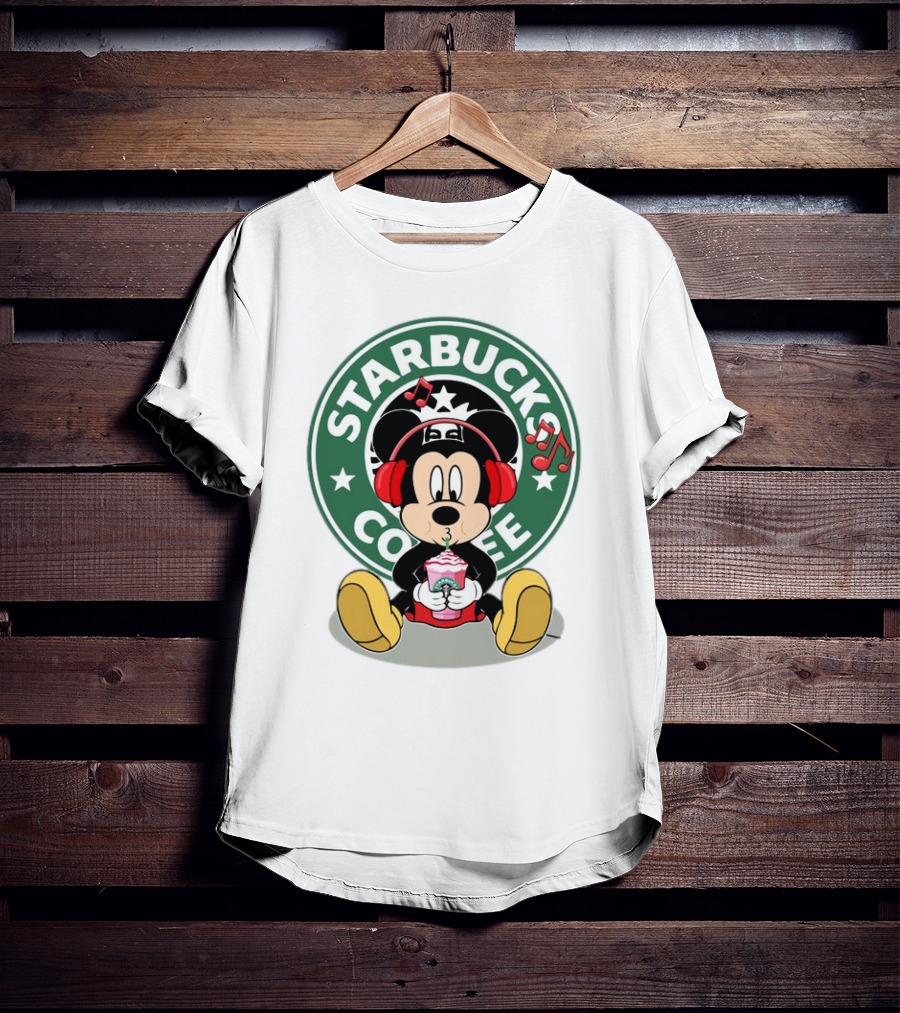 Mickey Mouse Listening To Music With Starbucks Coffee Cup T-Shirt