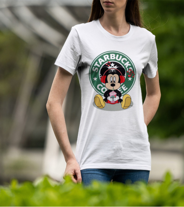 Mickey Mouse Listening To Music With Starbucks Coffee Cup T-Shirt