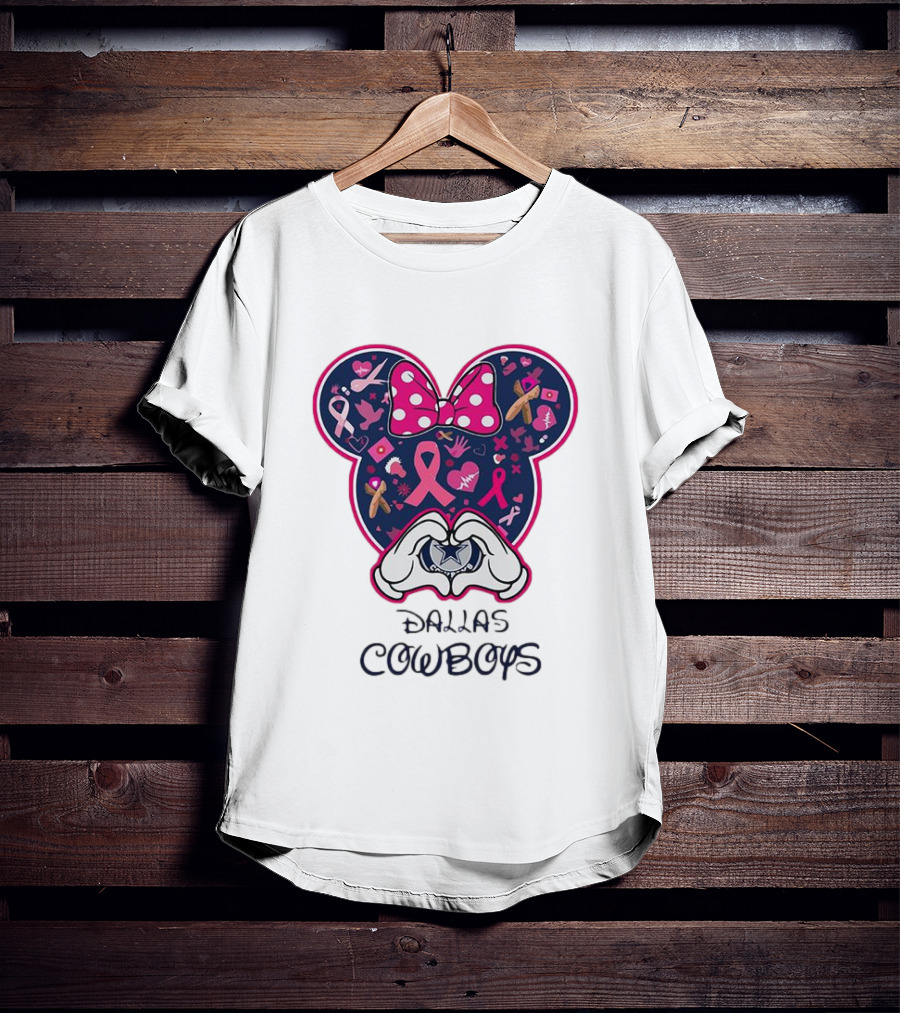 Minnie Mouse Pink Ribbon Heart Hands Dallas Cowboys Breast Cancer Awareness T-Shirt