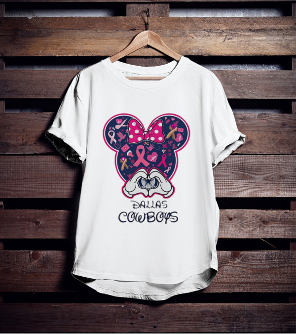 Minnie Mouse Pink Ribbon Heart Hands Dallas Cowboys Breast Cancer Awareness T-Shirt