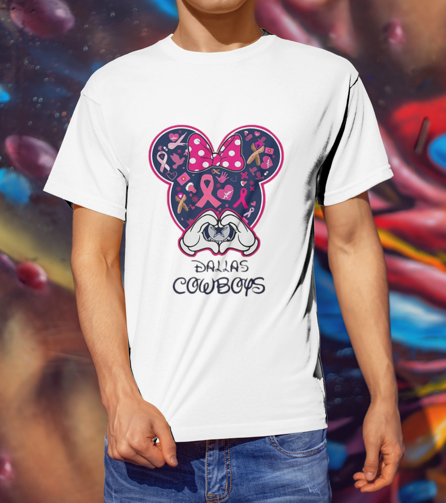 Minnie Mouse Pink Ribbon Heart Hands Dallas Cowboys Breast Cancer Awareness T-Shirt