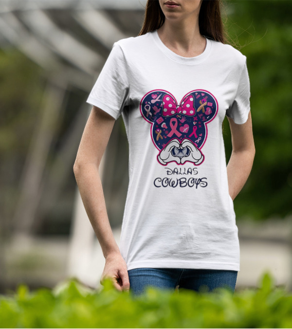 Minnie Mouse Pink Ribbon Heart Hands Dallas Cowboys Breast Cancer Awareness T-Shirt