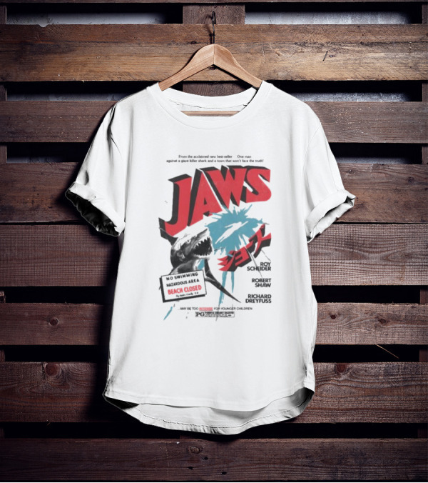 Jaws One Man Against A Giant Killer Shark Beach Closed Hazardous Area Roy Scheider Robert Shaw Richard Dreyfuss T-Shirt