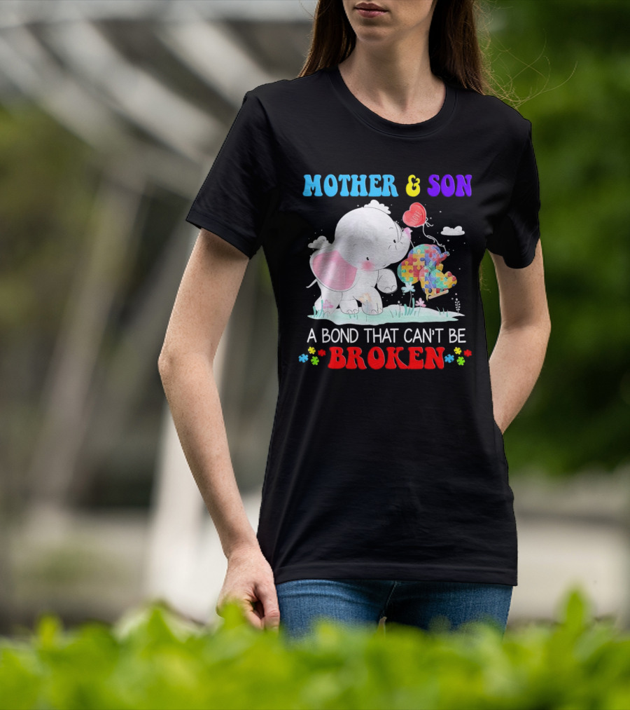 Mother And Son Elephants Autism Puzzle Heart A Bond That Can't Be Broken T-Shirt