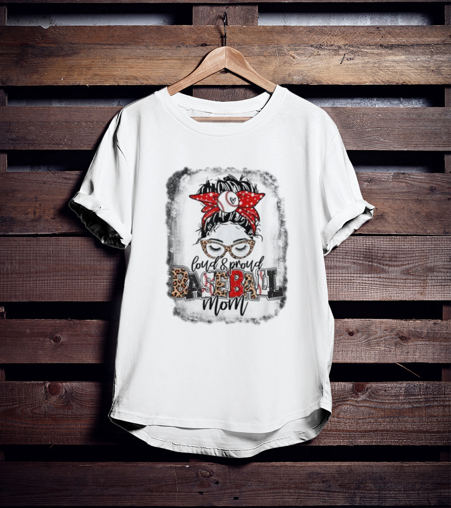 Loud Proud Baseball Mom Life Messy Bun Leopard Glasses Red Bandana T-Shirt