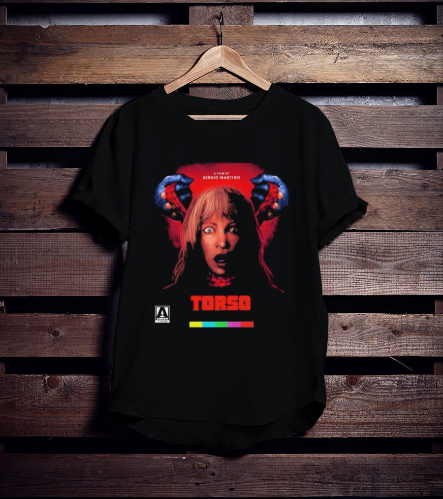 A Film By Sergio Martino Torso Horror Classic With Frightened Woman And Hands In Red And Blue T-Shirt