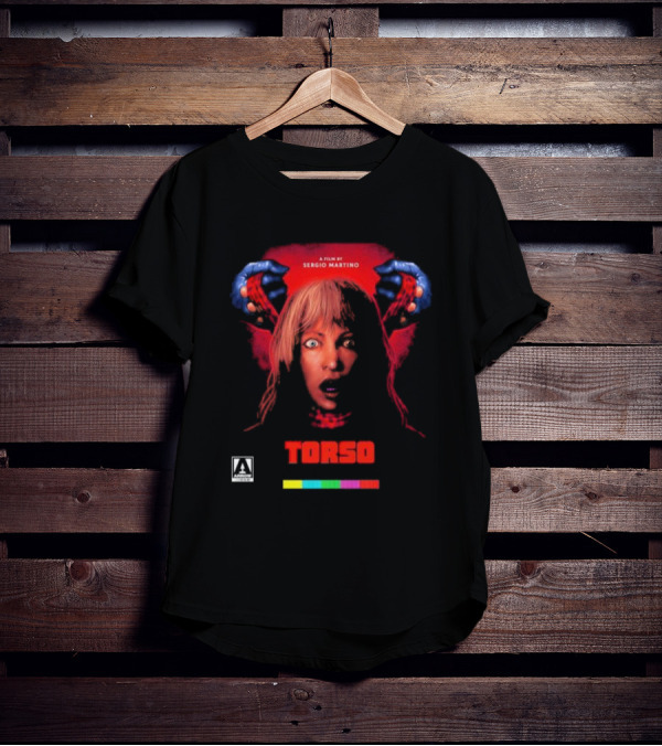 A Film By Sergio Martino Torso Horror Classic With Frightened Woman And Hands In Red And Blue T-Shirt