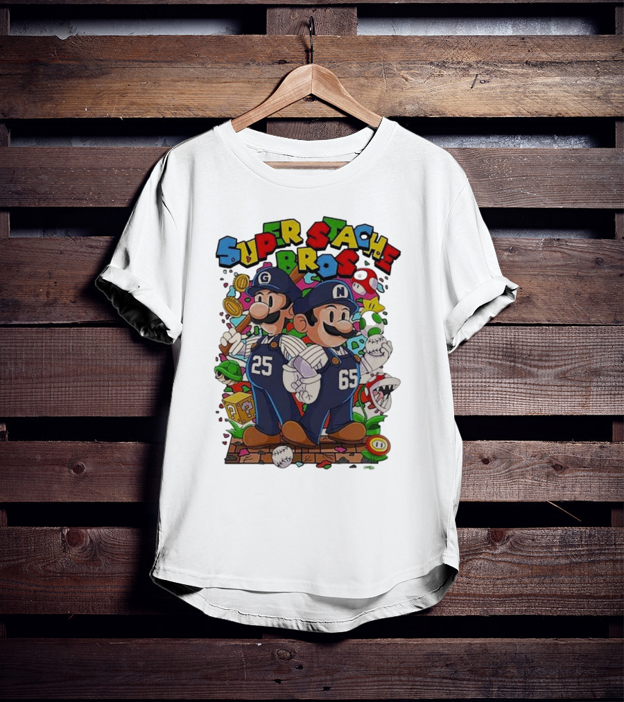 Super Stache Bros Numbers 25 And 65 Baseball Mario T-Shirt