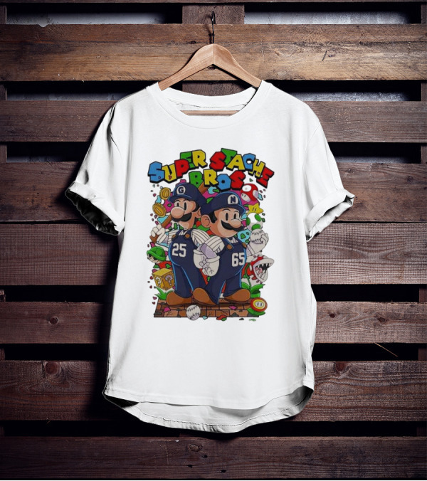 Super Stache Bros Numbers 25 And 65 Baseball Mario T-Shirt