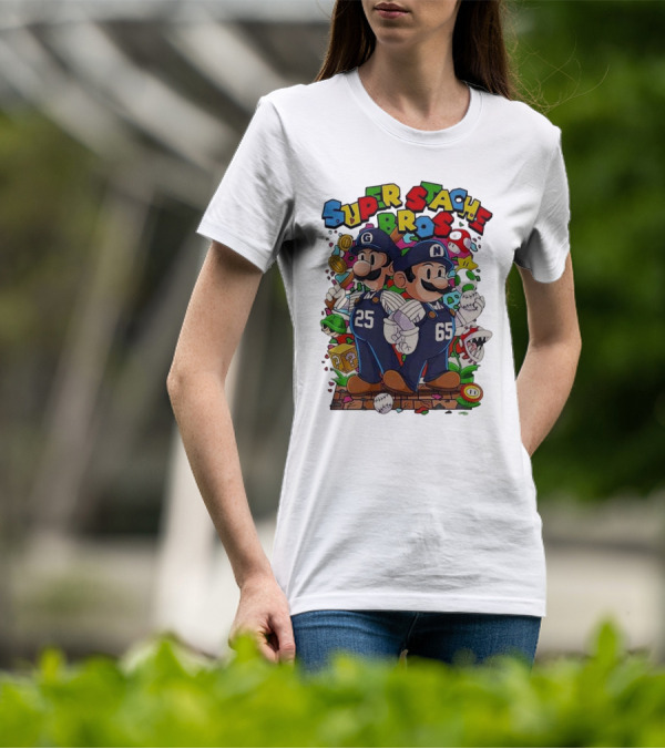 Super Stache Bros Numbers 25 And 65 Baseball Mario T-Shirt