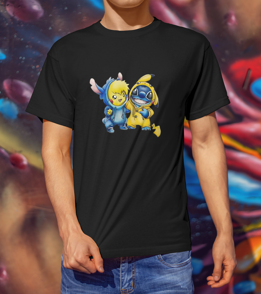 Disney Lilo Stitch Pikachu Pokemon Crossover Character T-Shirt