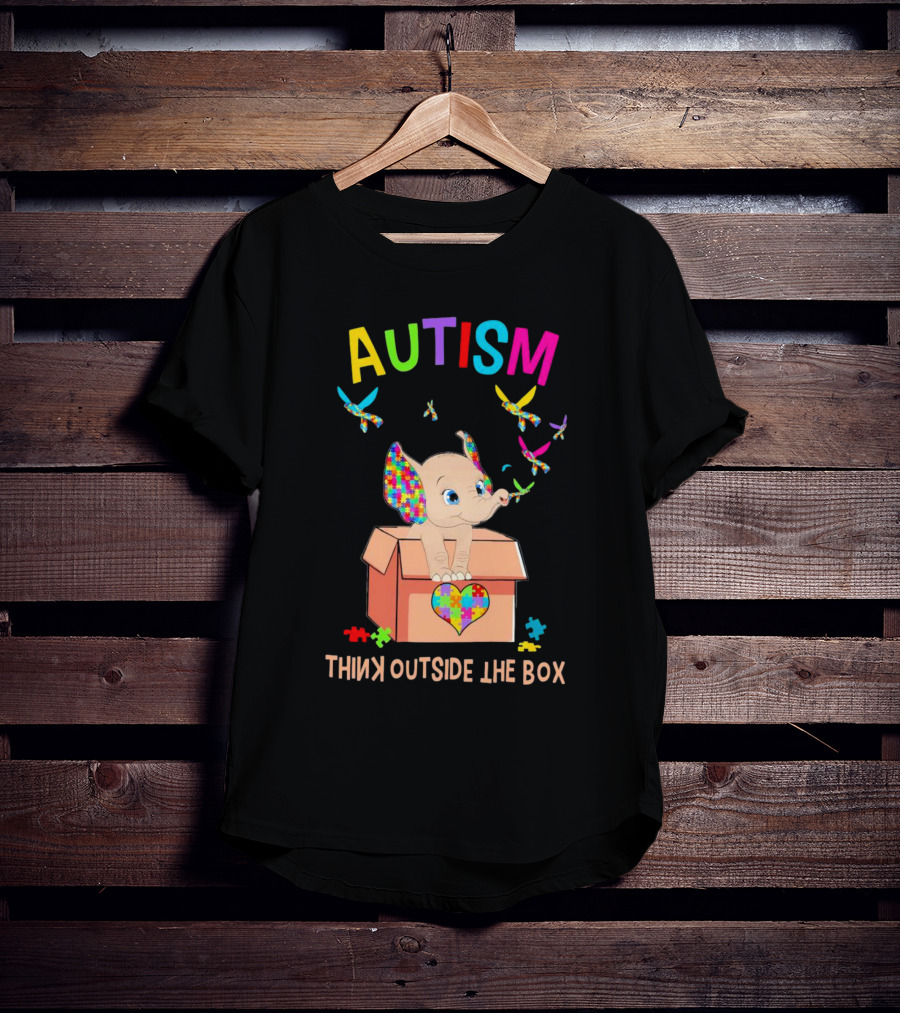 AUTISM Think Outside The Box Elephant With Puzzle Pieces And Butterflies T-Shirt