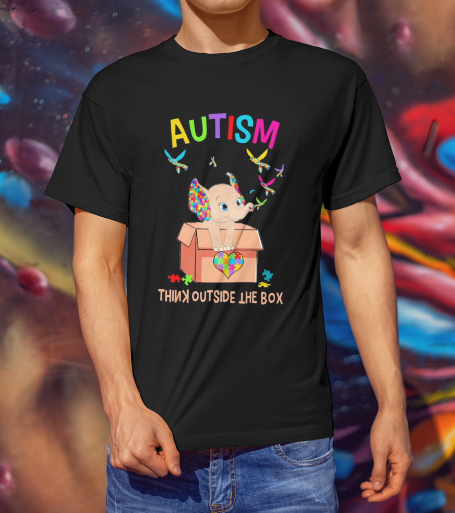 AUTISM Think Outside The Box Elephant With Puzzle Pieces And Butterflies T-Shirt