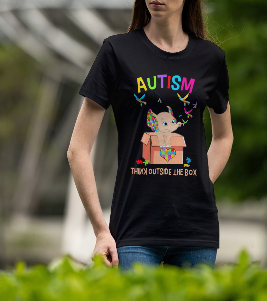 AUTISM Think Outside The Box Elephant With Puzzle Pieces And Butterflies T-Shirt