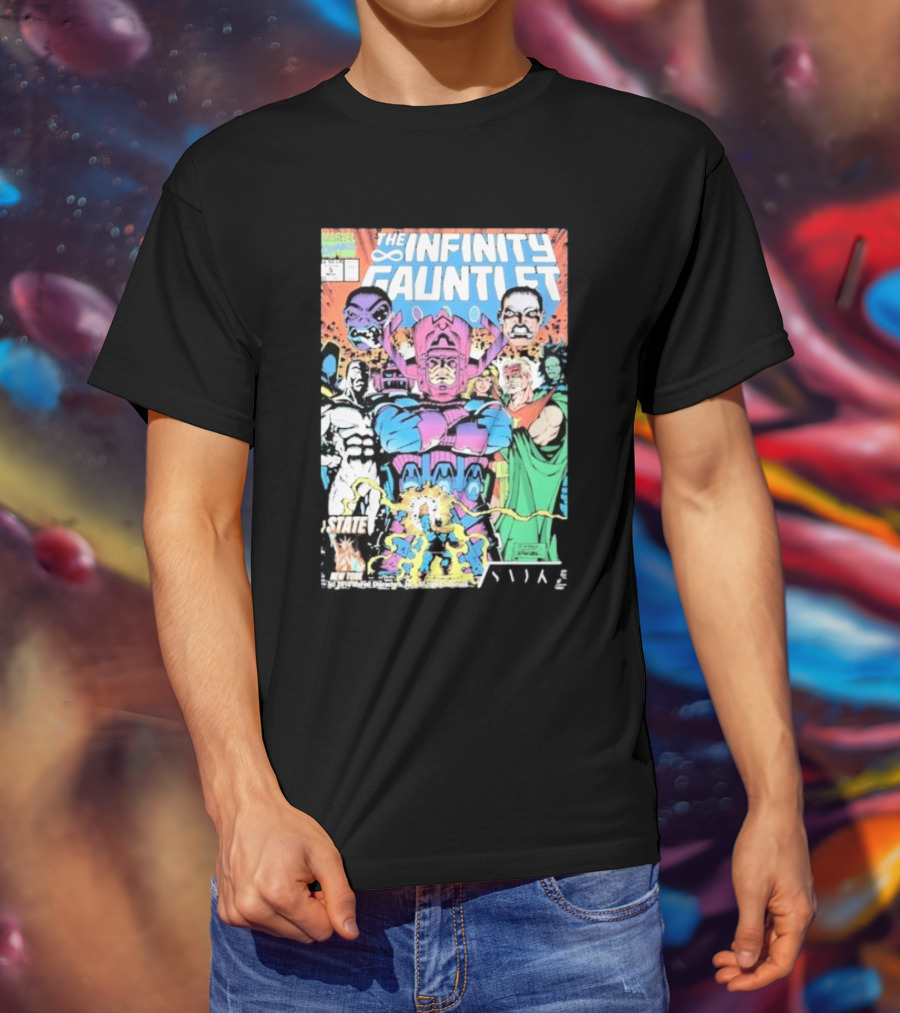 The Infinity Gauntlet Marvel Comics Cover Featuring Iconic Characters Galactus And Artistry T-Shirt