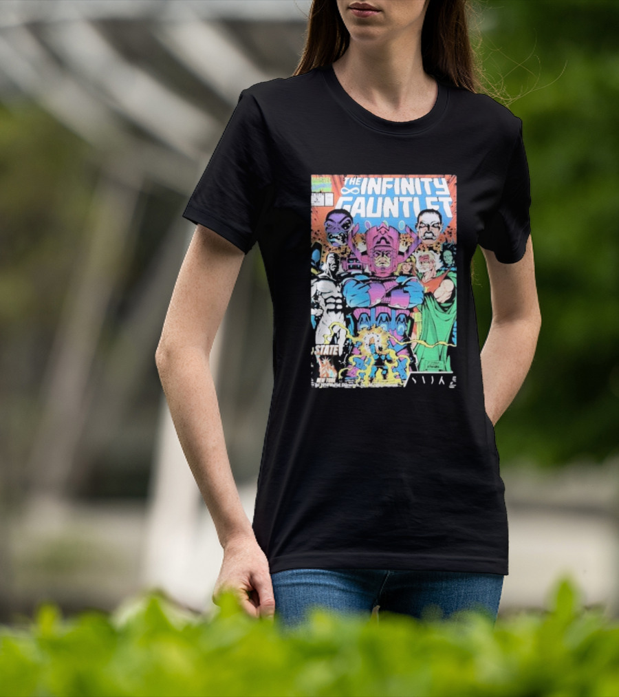 The Infinity Gauntlet Marvel Comics Cover Featuring Iconic Characters Galactus And Artistry T-Shirt