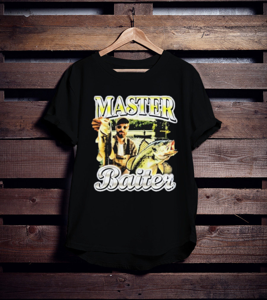 MASTER BAITER Fisherman Holding Fish In Lake Scene T-Shirt