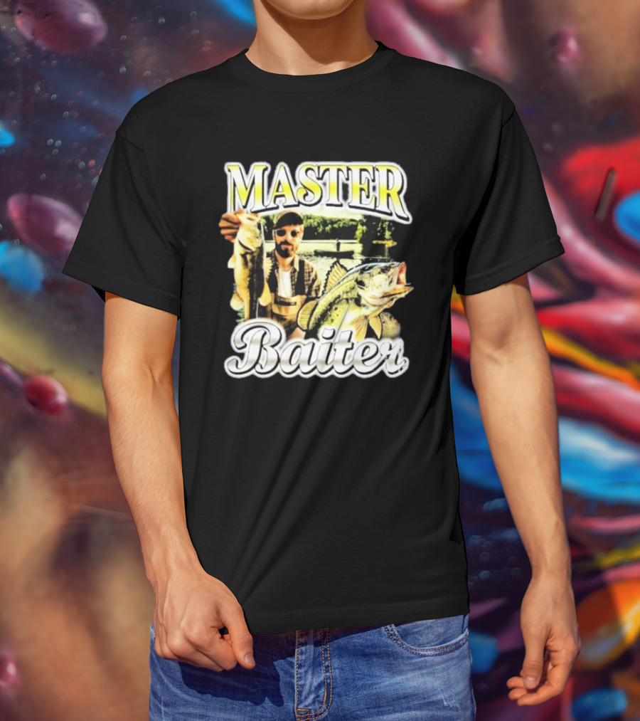 MASTER BAITER Fisherman Holding Fish In Lake Scene T-Shirt