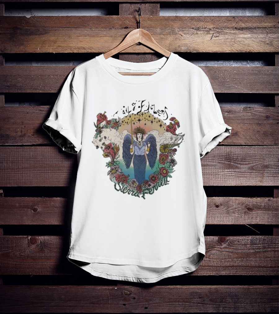 Sierra Ferrell Trail Of Flowers Angelic Winged Figure Surrounded By Floral Frame T-Shirt