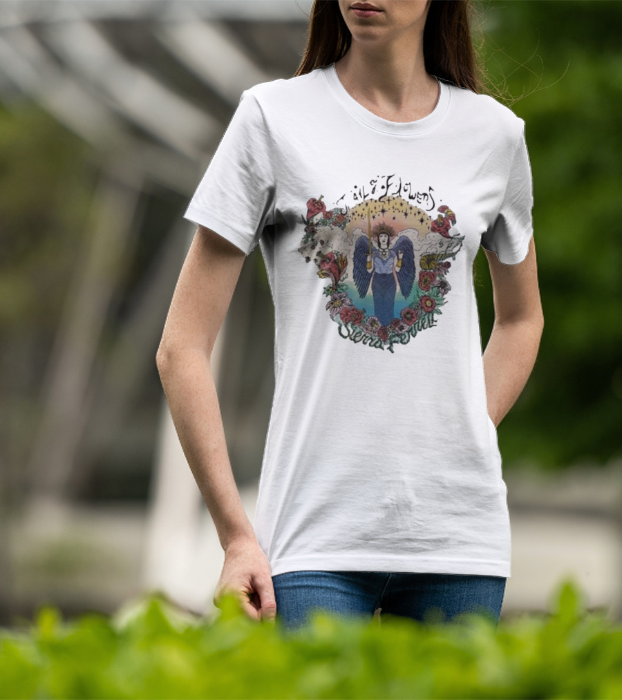 Sierra Ferrell Trail Of Flowers Angelic Winged Figure Surrounded By Floral Frame T-Shirt