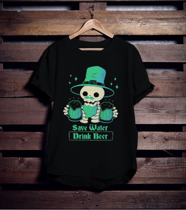 Save Water Drink Beer Happy Patrick Day Skeleton Leprechaun With Mugs T-Shirt