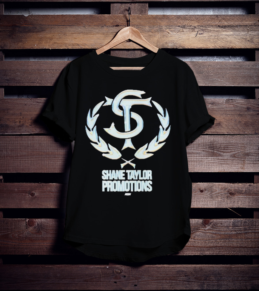Shane Taylor Promotions ST Logo With Wreath Symbol Above AEW Text T-Shirt
