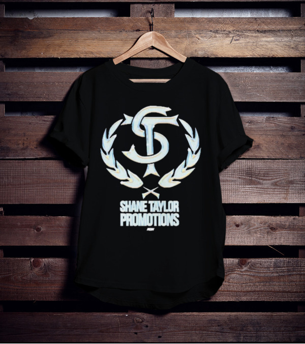 Shane Taylor Promotions ST Logo With Wreath Symbol Above AEW Text T-Shirt