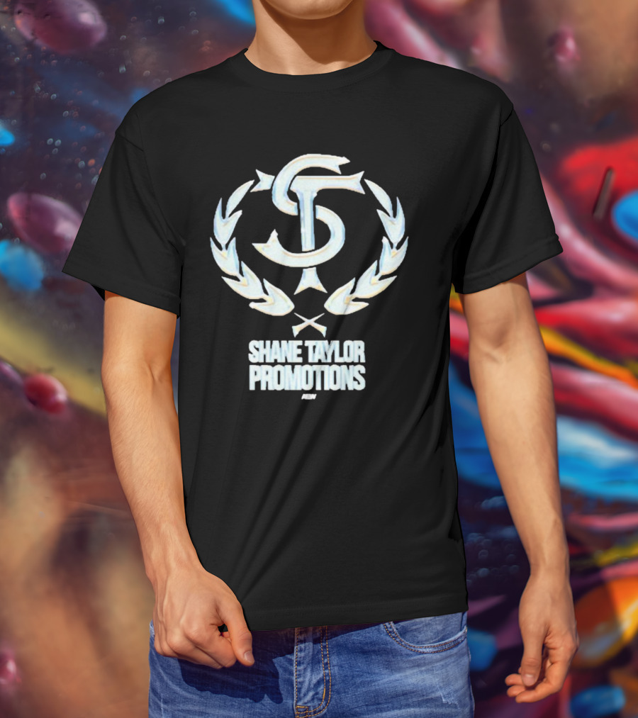 Shane Taylor Promotions ST Logo With Wreath Symbol Above AEW Text T-Shirt
