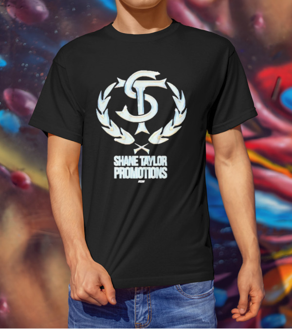 Shane Taylor Promotions ST Logo With Wreath Symbol Above AEW Text T-Shirt