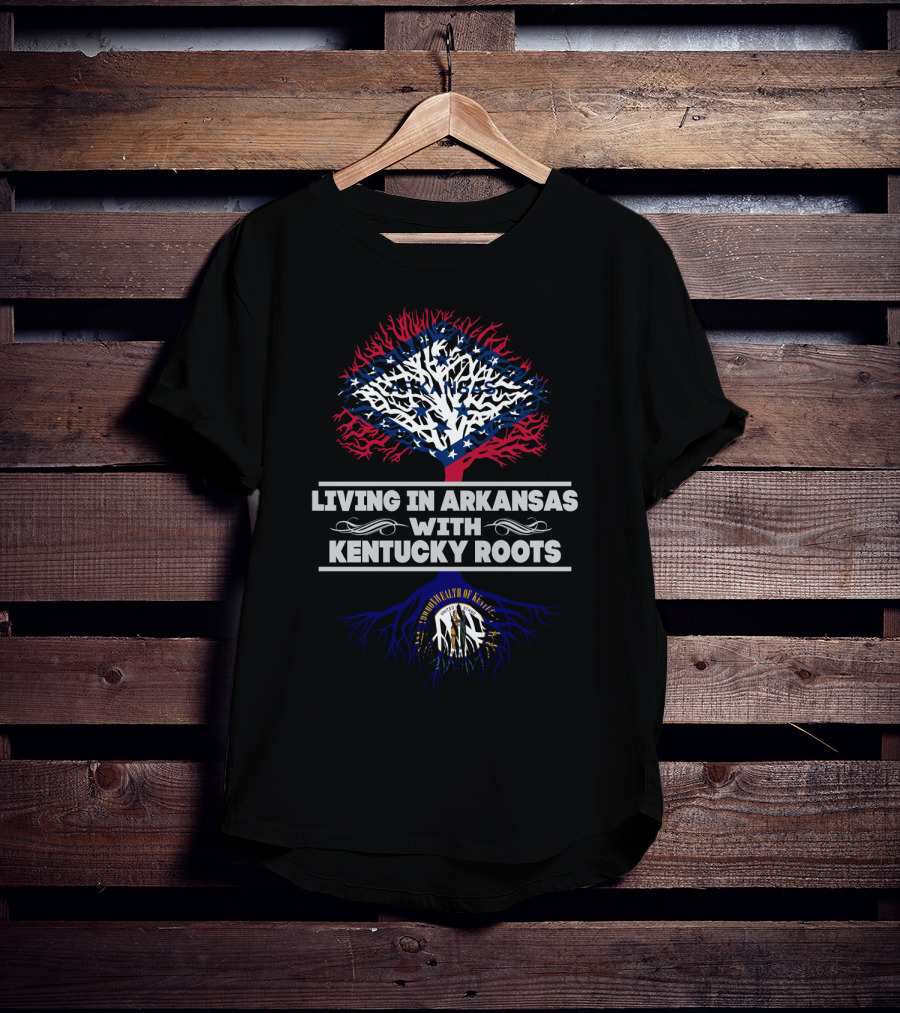 Living In Arkansas With Kentucky Roots Tree Design Featuring Commonwealth Symbol And Patriotic Colors T-Shirt