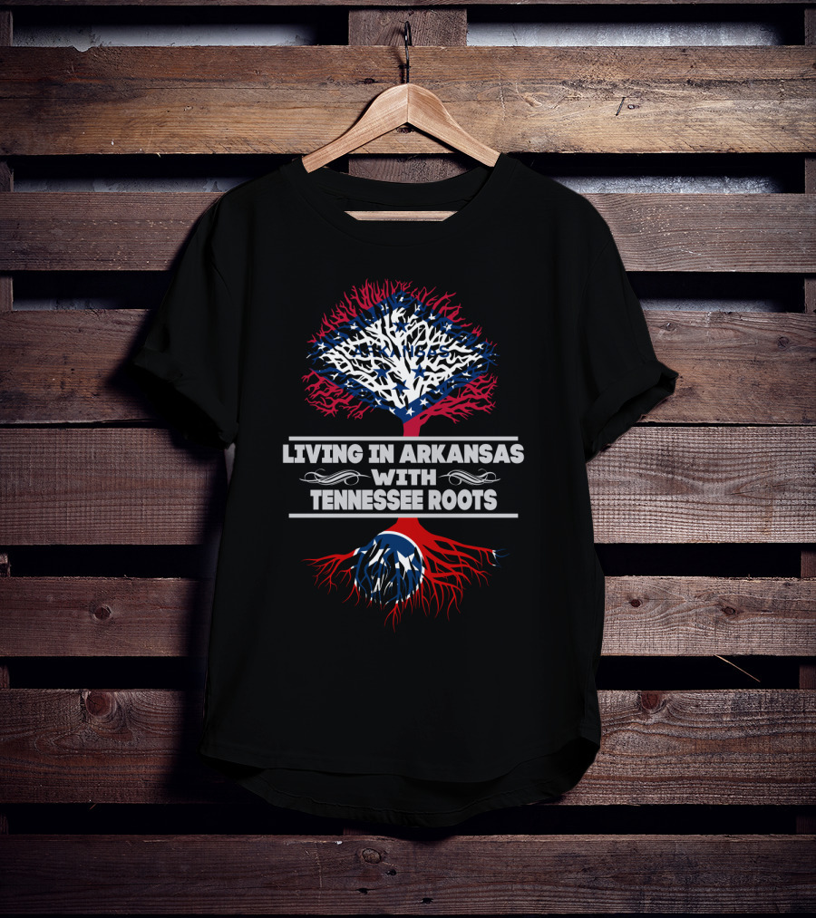 Living In Arkansas With Tennessee Roots Tree Design Featuring State Flags And Symbolic Elements T-Shirt