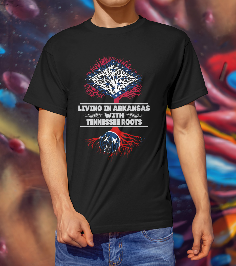 Living In Arkansas With Tennessee Roots Tree Design Featuring State Flags And Symbolic Elements T-Shirt