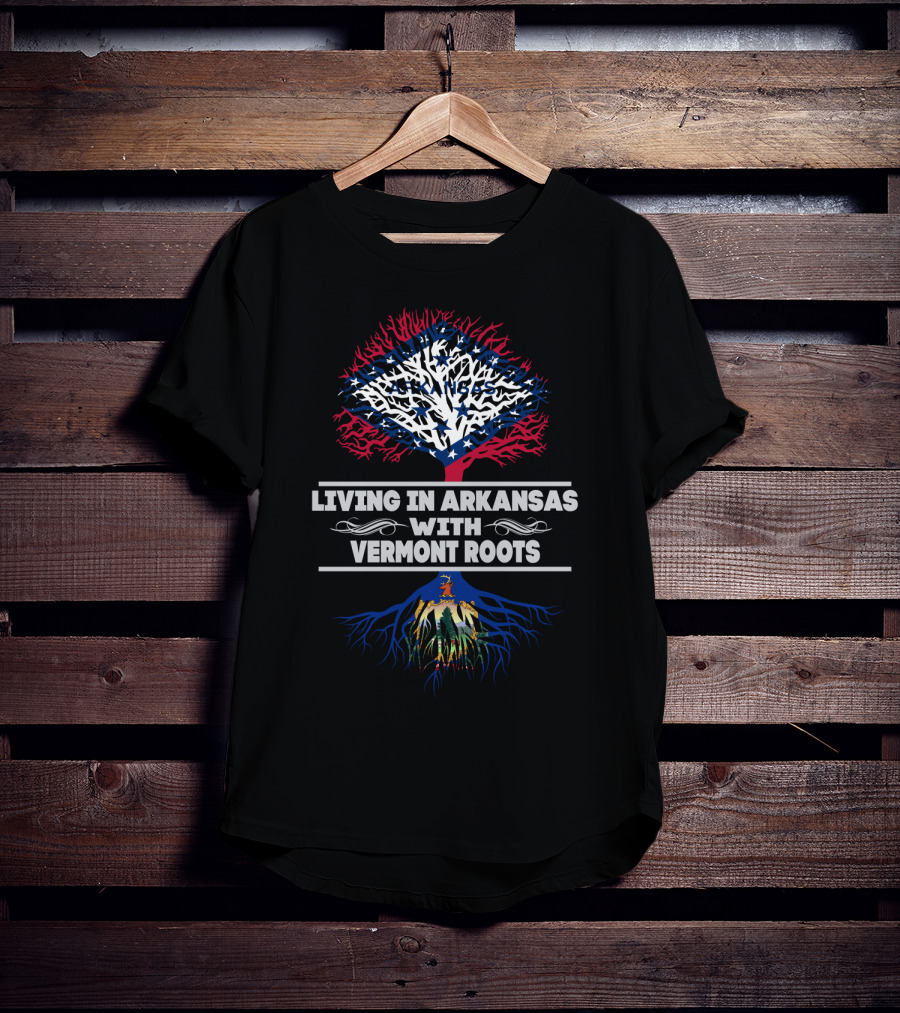 Living In Arkansas With Vermont Roots Tree Design Featuring State Flag Colors T-Shirt