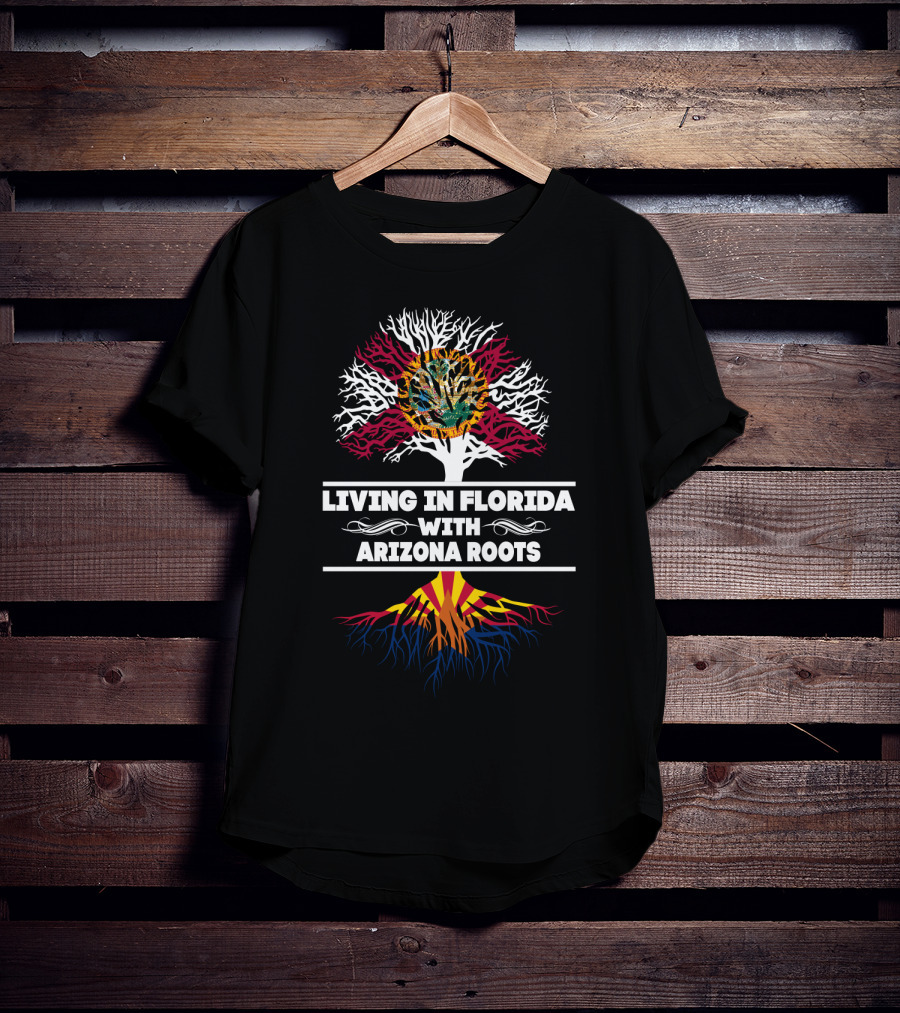 Living In Florida With Arizona Roots Tree Graphic Featuring Florida State Flag And Arizona State Flag Colors T-Shirt