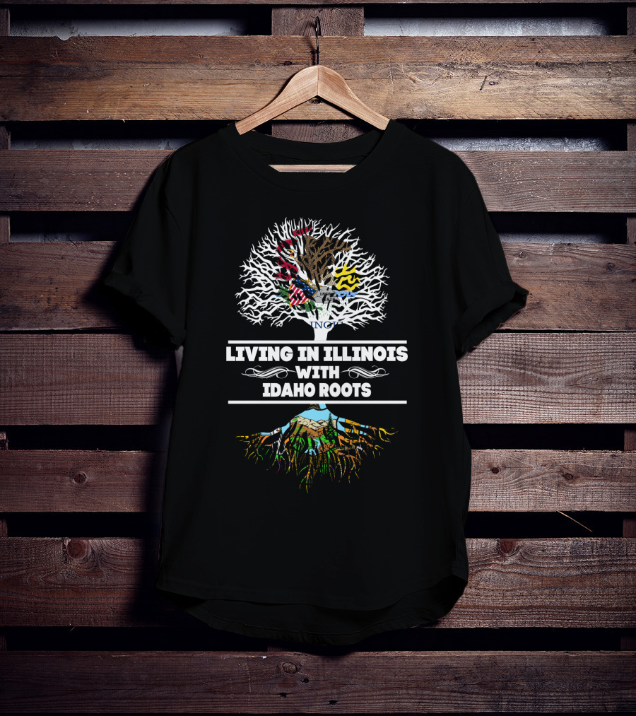 Living In Illinois With Authentic Idaho Roots Tree Design Featuring State Colors And Symbols T-Shirt