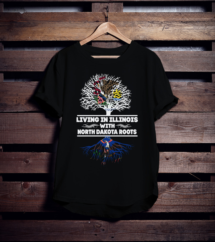 Living In Illinois With North Dakota Roots State Flags Tree T-Shirt