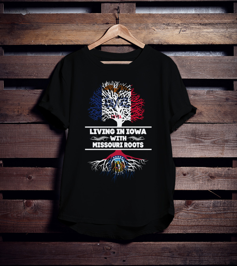 Living In Iowa With Deep Missouri Roots In State Flag Colors And Symbols T-Shirt