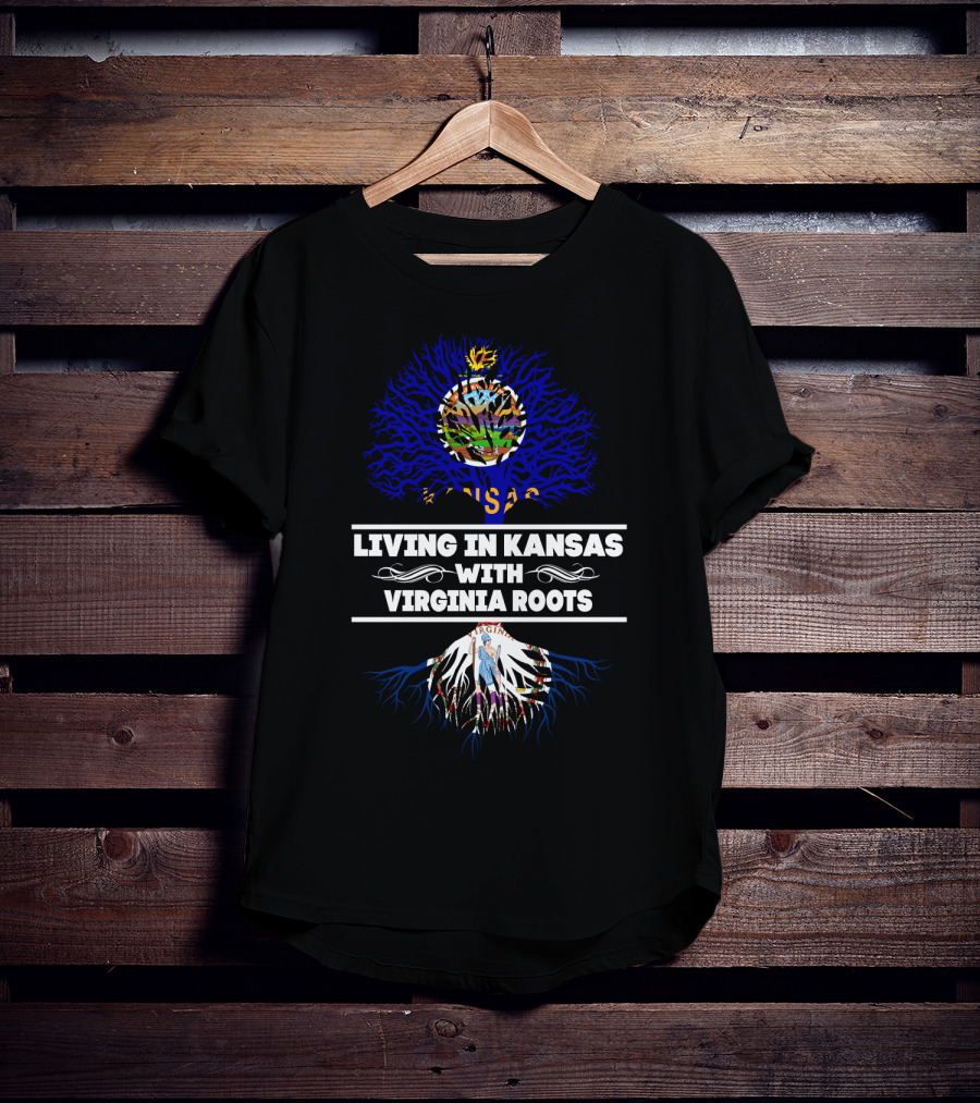 Living In Kansas Showcasing Vibrant State Flag With Proud Virginia Roots Symbolism T-Shirt