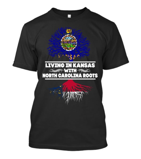 Kansas Living Embraced By North Carolina Roots With State Flag Tree T-Shirt