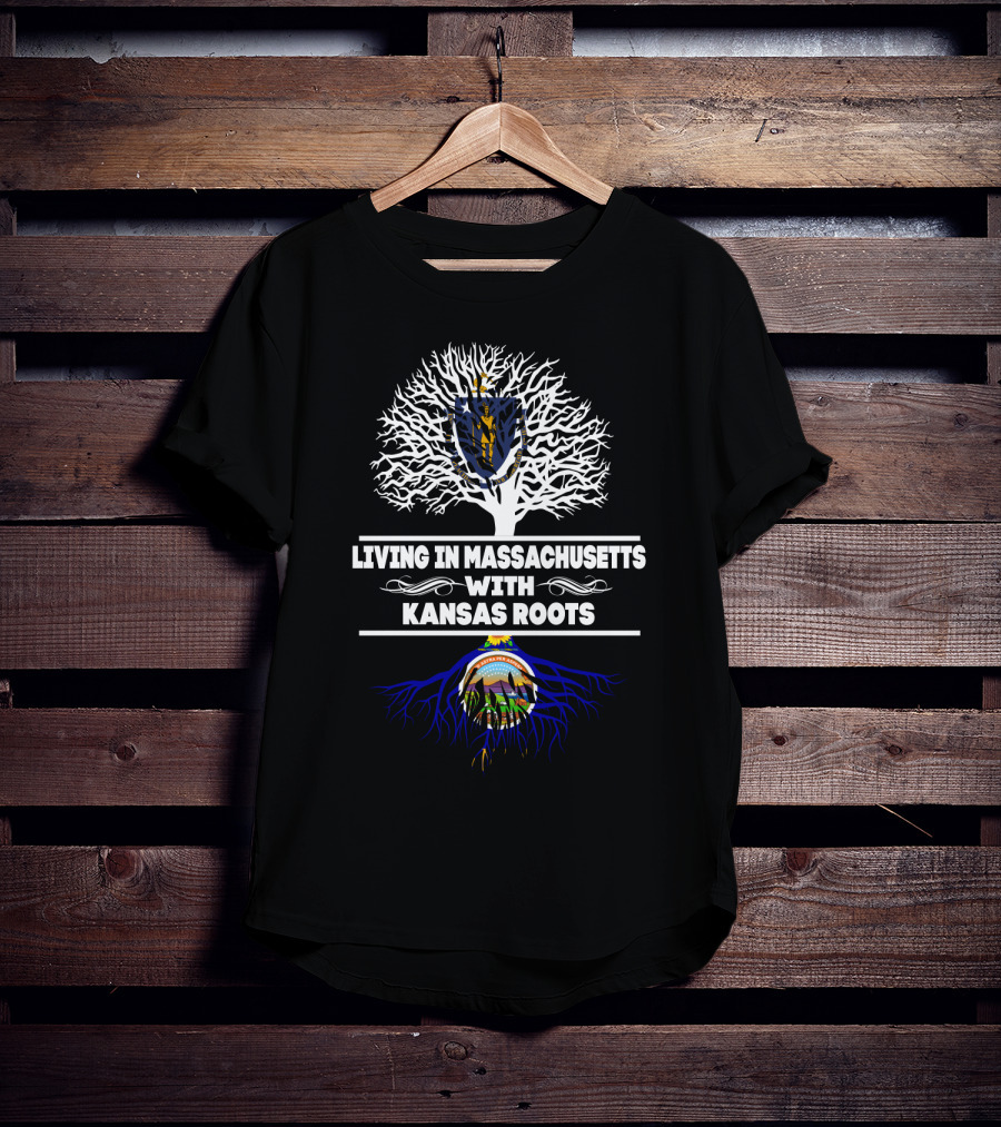 Living In Massachusetts Embracing Kansas Roots With State Crest Symbolism Tree T-Shirt