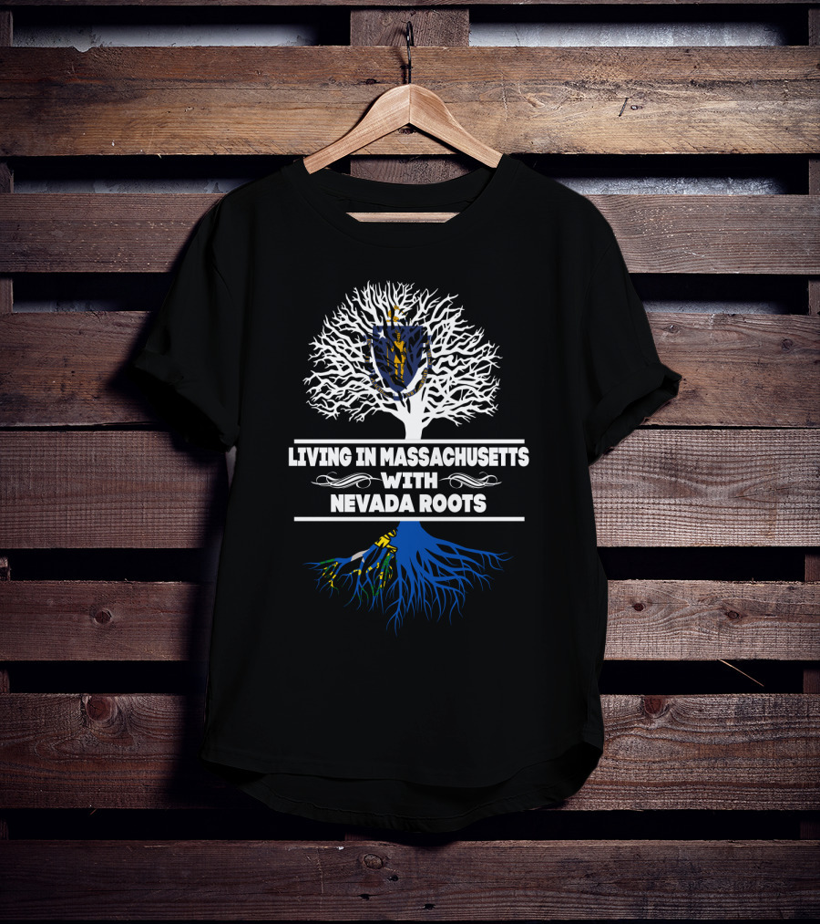 Massachusetts Living Nevada Roots Tree Design With State Flag Elements T-Shirt